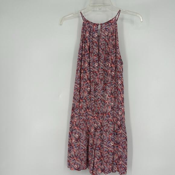 Gap Halter Romper Tropical Leaf Print Pink Purple Drawstring Pockets Size M - Picture 6 of 10